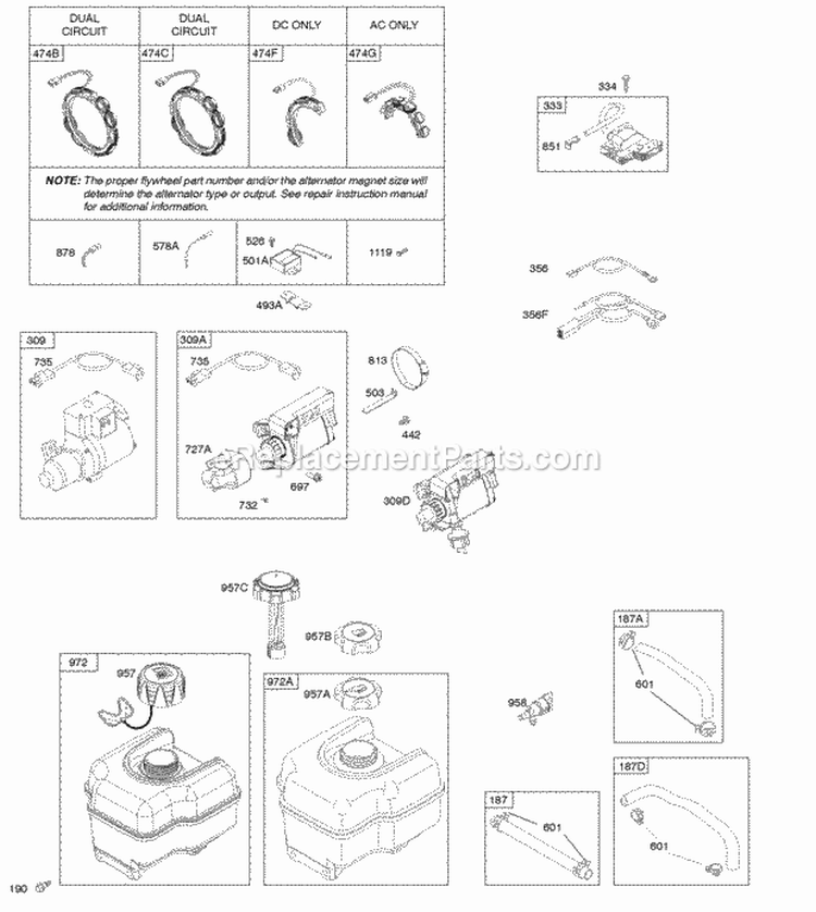 Alternator Electric Starter Fuel Supply Ignition Diagram and Parts List for 20M414-0560-E1  Briggs and Stratton Engine